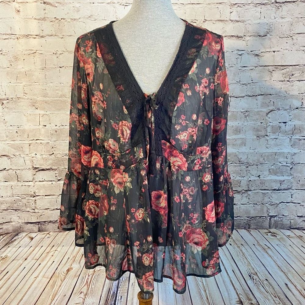 Torrid Babydoll Sheer Chiffon Lurex Crochet Detail Lace Up Blouse Bell Sleeve 0